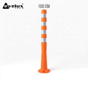 Tall orange safety marker post with ribbed base and reflective bands (100 cm). 100 cm label in image.