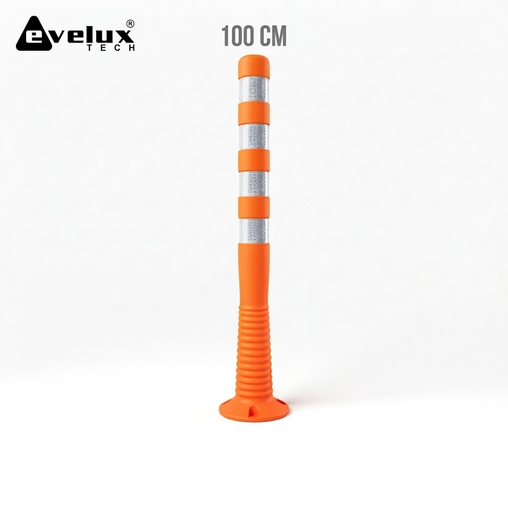Tall orange safety marker post with ribbed base and reflective bands (100 cm). 100 cm label in image.
