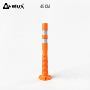 Orange traffic cone with reflective bands, standing upright on a white background (about 45 cm tall).