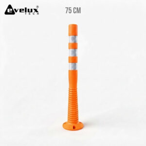Orange flexible safety post with three reflective rings, standing upright and labeled 75 cm tall for traffic delineation.
