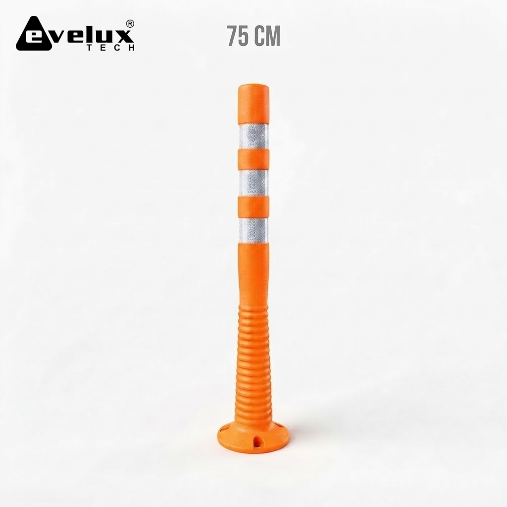 Orange flexible safety post with three reflective rings, standing upright and labeled 75 cm tall for traffic delineation.
