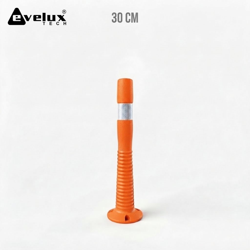 Orange ribbed plastic stake with a metal collar near the top and a circular base, standing upright on a white background (product photo)