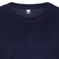 Navy blue crewneck T-shirt close-up at the neckline showing a size M tag on the inside back of the collar.