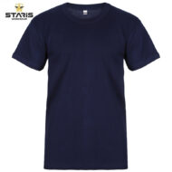 Navy blue short-sleeve crew-neck T-shirt with a small Staris Workwear logo in the top-left corner.