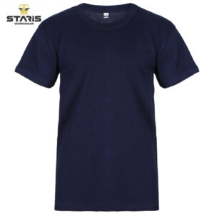 Navy blue short-sleeve crew-neck T-shirt with a small Staris Workwear logo in the top-left corner.