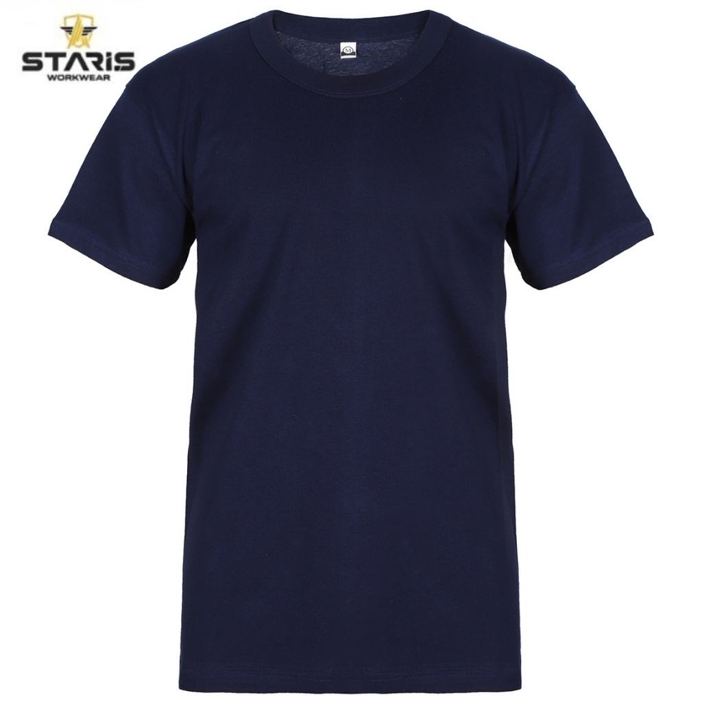 Navy blue short-sleeve crew-neck T-shirt with a small Staris Workwear logo in the top-left corner.