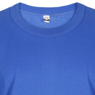 Royal blue crew-neck T-shirt fabric with visible stitching along the neckline and a back neck tag.
