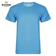 Blue crew-neck T-shirt on white background, Staris Workwear logo visible in top-left corner to indicate branding
