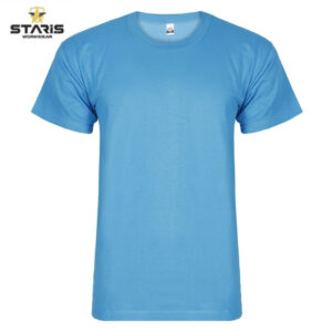 Blue crew-neck T-shirt on white background, Staris Workwear logo visible in top-left corner to indicate branding
