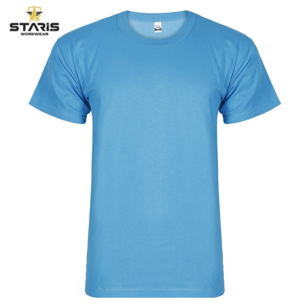 Blue crew-neck T-shirt on white background, Staris Workwear logo visible in top-left corner to indicate branding
