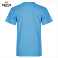 Back view of a plain blue short-sleeve T-shirt with the Staris Workwear logo in the top-left corner