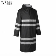 Black hooded raincoat with wide silver reflective stripes across the torso and sleeves; knee-length, waterproof outerwear.