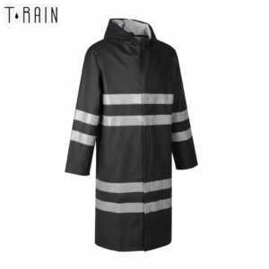 Black hooded raincoat with wide silver reflective stripes across the torso and sleeves; knee-length, waterproof outerwear.