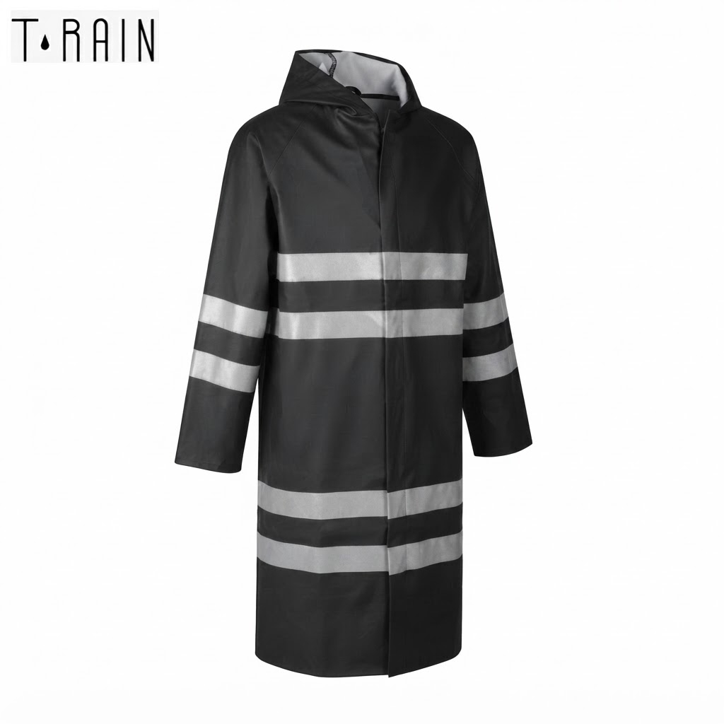 Black hooded raincoat with wide silver reflective stripes across the torso and sleeves; knee-length, waterproof outerwear.