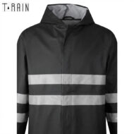 Dark gray rain jacket with a light-gray reflective band across the chest and on the sleeves, hooded and full-zip front.