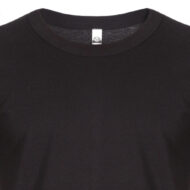 Black crewneck T‑shirt close-up showing the collar and a small back neck tag. (size tag visible)