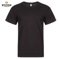 Plain black short-sleeve crew-neck T-shirt with Staris Workwear logo in the upper left corner.