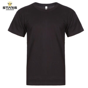 Plain black short-sleeve crew-neck T-shirt with Staris Workwear logo in the upper left corner.