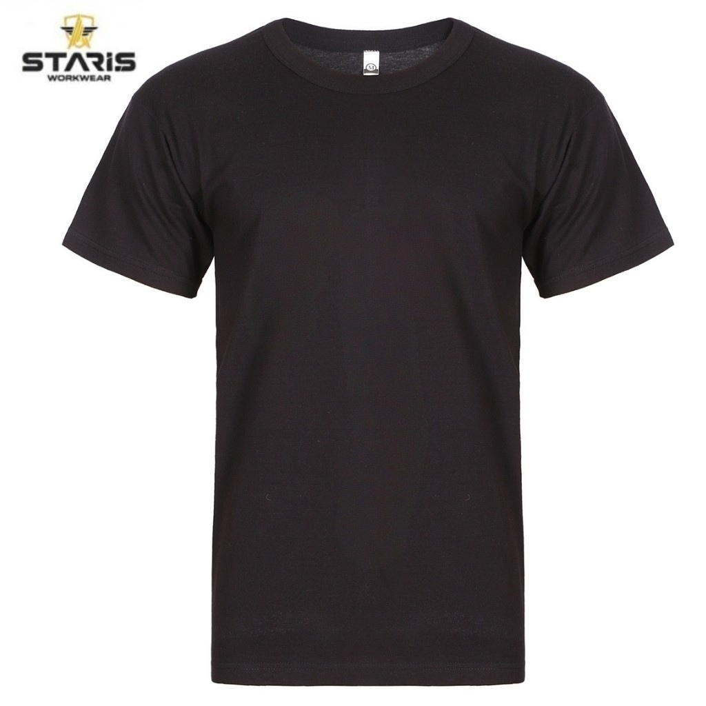 Plain black short-sleeve crew-neck T-shirt with Staris Workwear logo in the upper left corner.