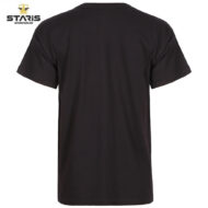 Back view of a plain black short-sleeve T-shirt with a crew neck; Staris Workwear logo appears in the upper left corner.