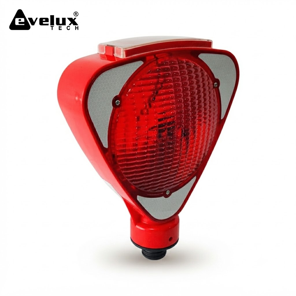 Red bicycle rear light with a large red lens and gray reflective panels, brand Evolux Tech (logo in corner).