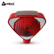Red triangular solar-powered vehicle tail light with a solar panel on top and white reflector panels on the sides, branded Evolux Tech.
