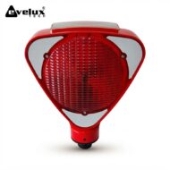 Red triangular warning beacon light with white reflectors on sides, mounted on a red base (Evolux Tech logo in corner)