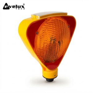 Orange triangular warning beacon with a textured orange lens and small screw base, used for alerting on-site hazards (Evolux Tech logo top-left).