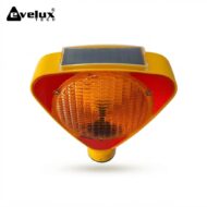 Amber solar-powered warning beacon with a textured circular lens and a top solar panel (Evelux Tech).