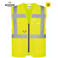 High-visibility neon yellow safety vest with reflective gray strips, multiple pockets, and a front zipper.