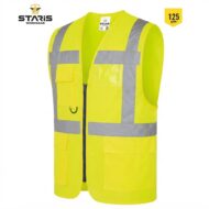 Bright yellow high-visibility safety vest with gray reflective stripes and multiple pockets.