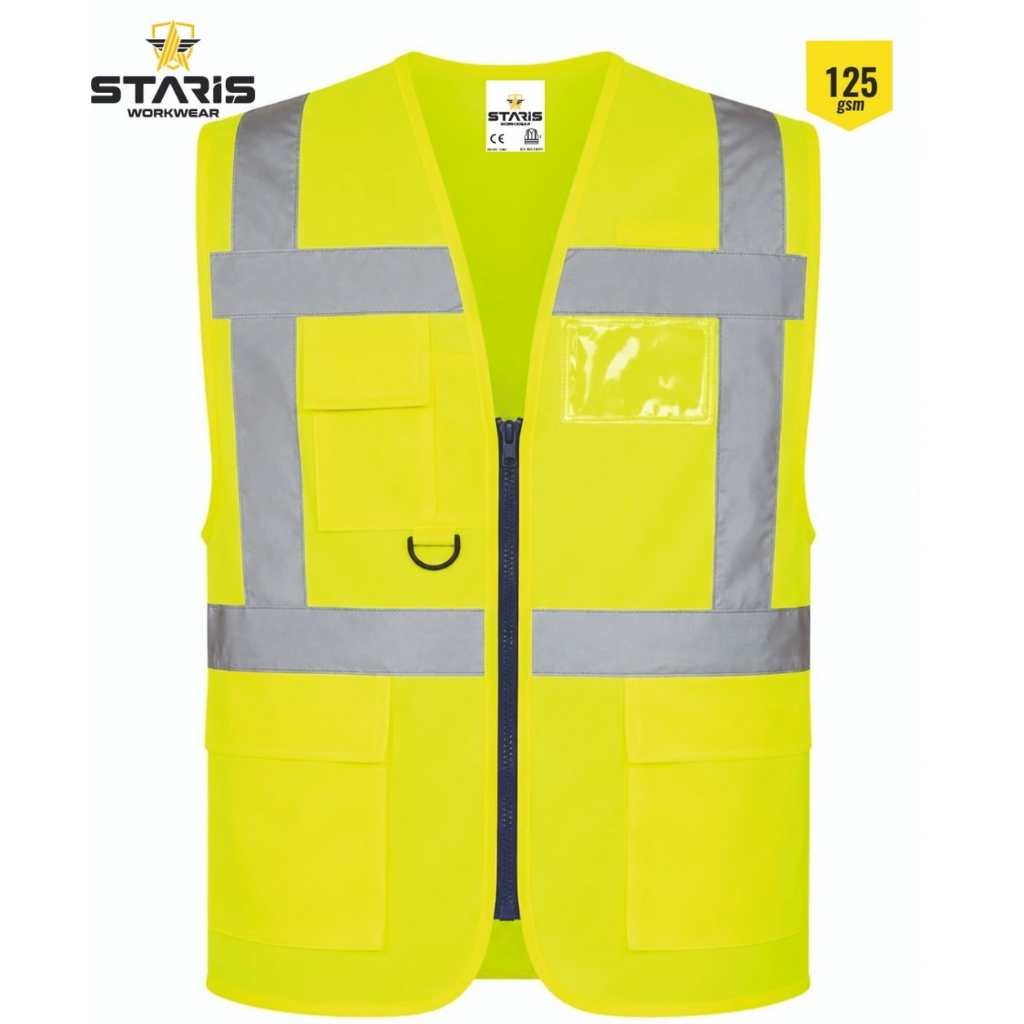 High-visibility neon yellow safety vest with reflective gray strips, multiple pockets, and a front zipper.