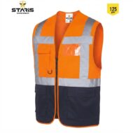 High-visibility orange safety vest with reflective silver stripes and navy lower panel, multiple pockets, and front zipper.