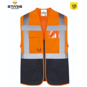 Orange high-visibility safety vest with reflective gray stripes and multiple pockets for workwear use (Staris brand).