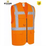 Orange high‑visibility safety vest with gray reflective panels, multiple pockets, and front zipper.