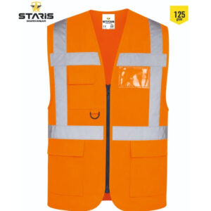 Orange high-visibility safety vest with reflective silver stripes, front zipper, and multiple pockets for construction or workwear.