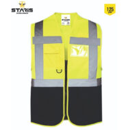 High-visibility safety vest in neon yellow with gray reflective bands and multiple pockets (Staris Workwear).