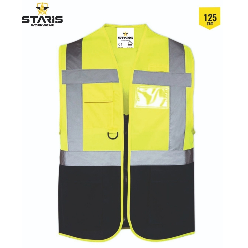 High-visibility safety vest in neon yellow with gray reflective bands and multiple pockets (Staris Workwear).