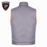 Back view of a gray sleeveless vest with orange piping along the armholes and hem; Wolfstar logo in the top-left corner.