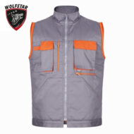 Gray sleeveless work vest with orange pockets and trim, front zipper, and waist pockets on a white background (Wolfstar logo top-left).