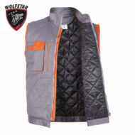 Light gray sleeveless jacket with orange zipper and pocket, quilted black lining, Wolfstar logo in top left.