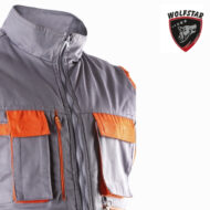 Gray and orange outdoor jacket with multiple pockets and front zipper, Wolfstar logo in the upper right corner.