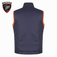 Back view of a navy sleeveless vest with orange piping on the armholes, branded by Wolfstar in the top-left corner