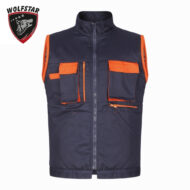 Navy utility vest with orange pockets and zippers, front zipper closure, Wolfstar logo in the top left corner.