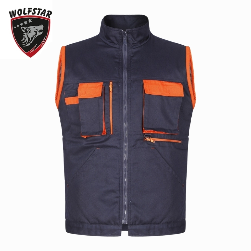 Navy utility vest with orange pockets and zippers, front zipper closure, Wolfstar logo in the top left corner.