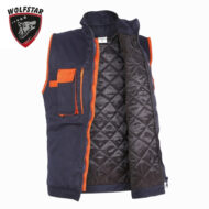Navy blue sleeveless jacket with orange zipper and pocket trim, quilted black lining, Wolfstar logo in the corner