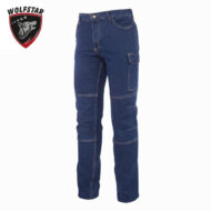 Blue denim jeans with a cargo pocket on the right leg and contrast stitching, shown on a white background with a Wolfstar logo in the top-left corner.