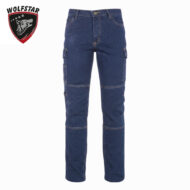 Blue denim cargo pants with multiple pockets, front fly and belt loops, shown on a white background with a Wolfstar logo in the corner.