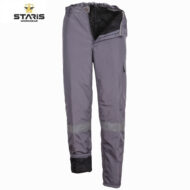 Grey Staris work pants with reflective band on the lower legs, cargo pocket, and zip fly.