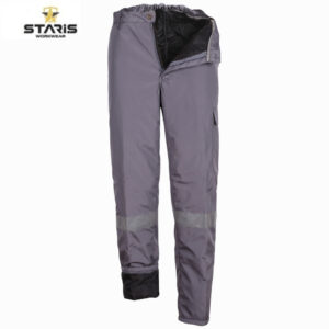 Grey Staris work pants with reflective band on the lower legs, cargo pocket, and zip fly.